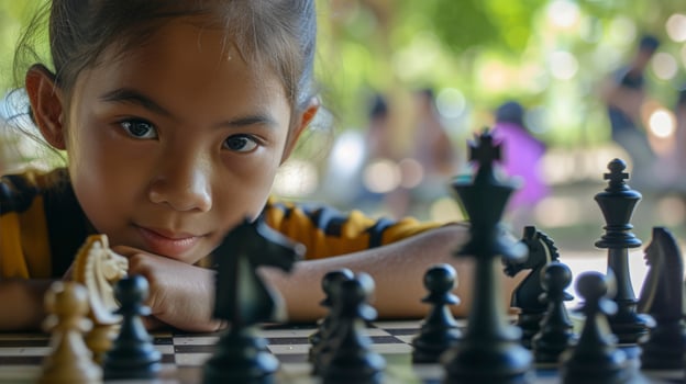 AI generated A teenage girl from Southeast Asia, with a focused expression and a chess board, is playing a game of chess in a park in Manila, Philippines photo