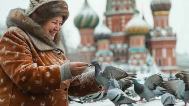AI generated A Russian woman in her 50s, with a fur hat and a warm coat, is feeding pigeons in Red Square, Moscow photo