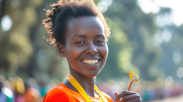 AI generated A young African woman, with a look of accomplishment and a medal, is celebrating her win in a marathon in Addis Ababa, Ethiopia photo