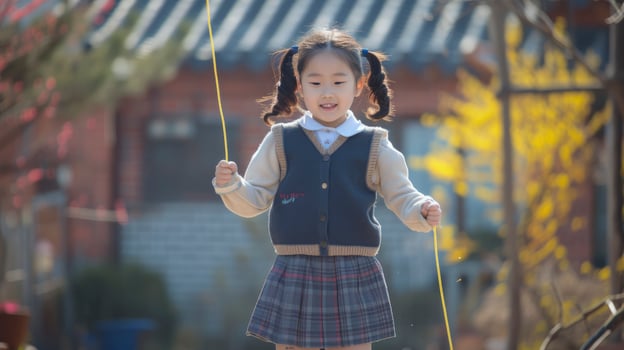 AI generated A young girl from East Asia, with pigtails and a school uniform, is playing with a jump rope in a schoolyard in Seoul, South Korea photo