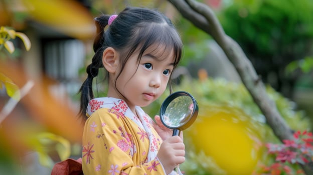 AI generated A young girl from East Asia, with a curious expression and a magnifying glass, is exploring a garden in Kyoto, Japan photo