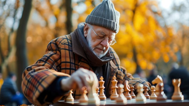 AI generated An elderly European man is playing chess in a park in Berlin photo