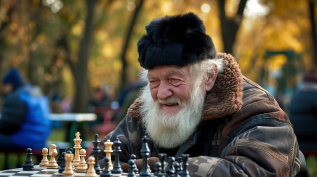 AI generated An elderly man from Eastern Europe, with a thick beard and a fur hat, is playing a game of chess in a park in Moscow photo