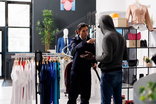 Thief was caugh robbing store by worker, asking him to return stylish clothes or will call the police in clothing store. African american robber trying to steal fashionable merchandise photo