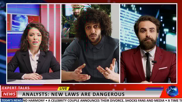 Talk show host invites guest on tv to debate latest events on live program, journalists talking to expert and analyst about new laws. Television colleagues discussing about citizens issues. photo