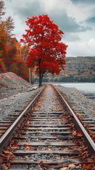 AI generated Red maple tree leaves in the style of the lake and train tracks. photo