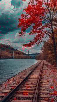Red maple tree leaves in the style of the lake and train tracks. photo