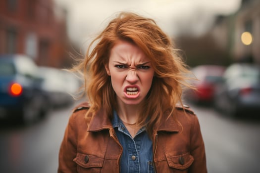 AI generated Angry young woman on the street. Portrait of furious woman, closeup. photo