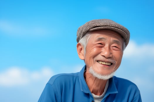 AI generated Happy old man on blue sky background. Portrait of elderly smiling asian man, closeup. photo