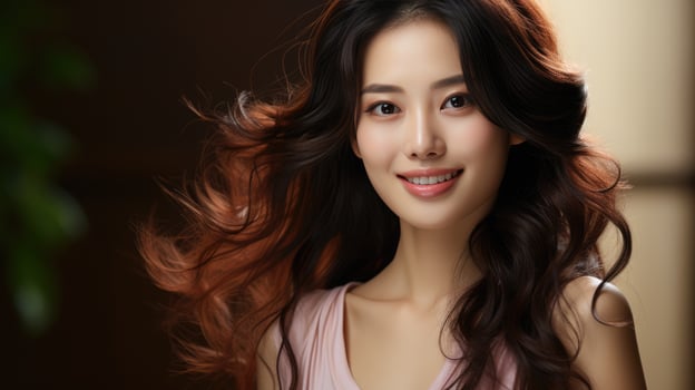 Beautiful asian woman with long brown curly hair photo