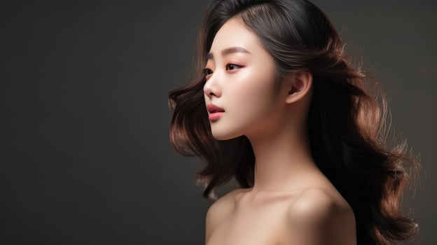 Beautiful asian woman with long brown curly hair photo