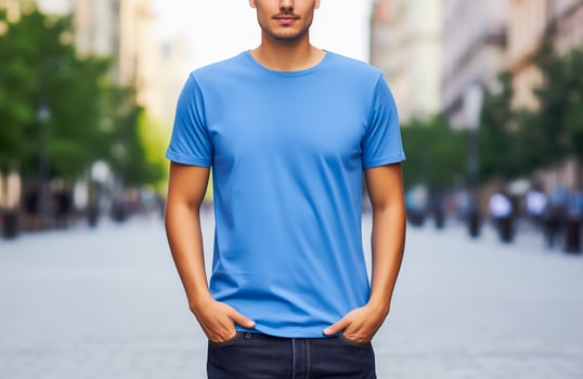 AI generated Young man wearing blank blue t-shirt outdoors. Mockup t-shirt template. photo