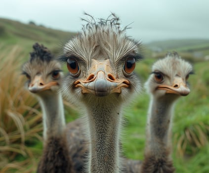 AI generated Three ostriches look at the camera. photo
