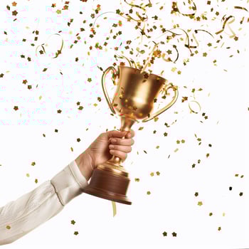 AI generated hands of business woman holding and lift a golden trophy, surrounding with congratulations confetti ribbon flakes. photo