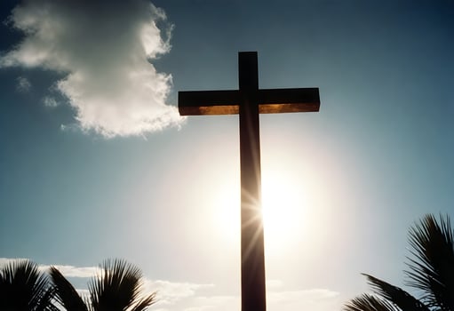 AI generated a cross is silhouetted against the sun and palm tree photo