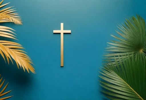 AI generated cross on palm leaves and blue background photo