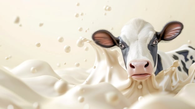 AI Generated Playful cow in splashing milk photo
