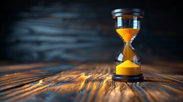 AI generated Hourglass With Yellow Sand on Wooden Table photo