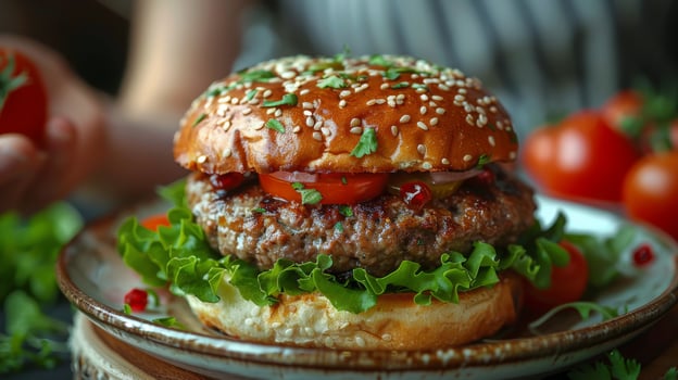 AI generated Fresh Hamburger With Lettuce and Tomatoes on Plate photo