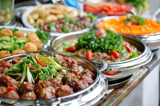 AI generated Catering buffet food on a long table in a hotel restaurant photo