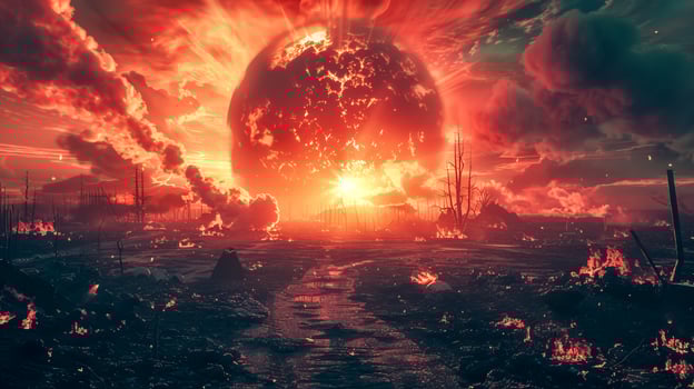 AI Generated Apocalyptic landscape with explosive sunset photo