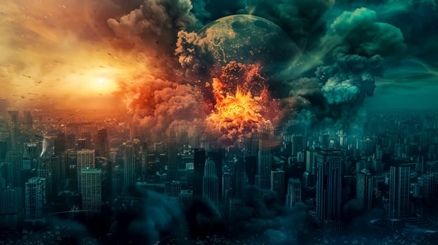 AI Generated Apocalyptic cityscape with exploding moon photo