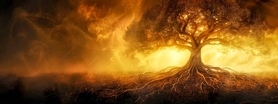 AI Generated Mystical fire tree in surreal landscape photo
