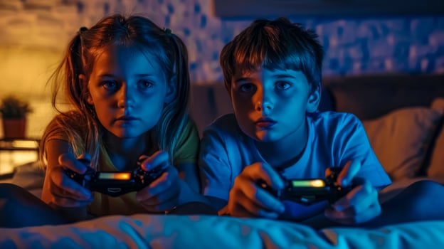 AI Generated Engrossed kids playing video games at night photo