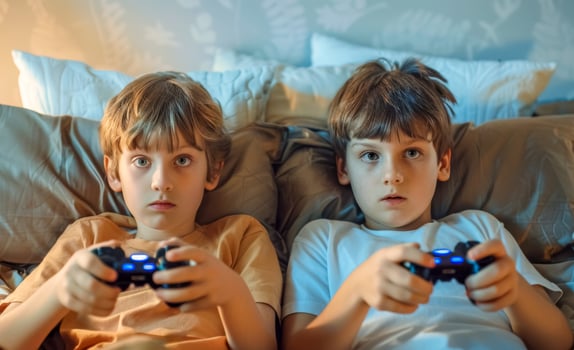 AI Generated Two boys engrossed in video game play at home photo