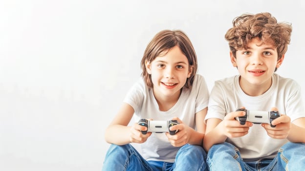 AI Generated Two children playing video games together photo