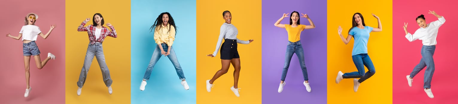 Diverse Multiethnic Young Women Expressing Positive Emotions While Jumping Over Colorful Backgrounds photo