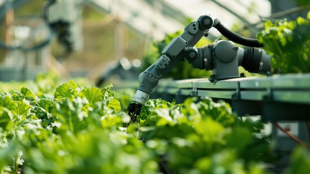 AI generated A Smart farming agricultural technology robotic arm harvesting in a greenhouse. photo