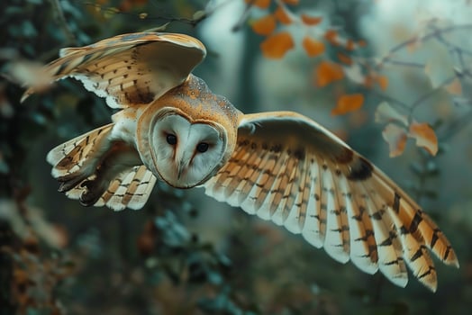 AI generated Barn Owl flying in forest wildlife scene.Generative Ai photo