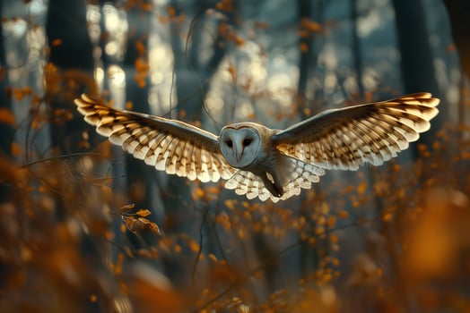 AI generated Barn Owl flying in forest wildlife scene.Generative Ai photo
