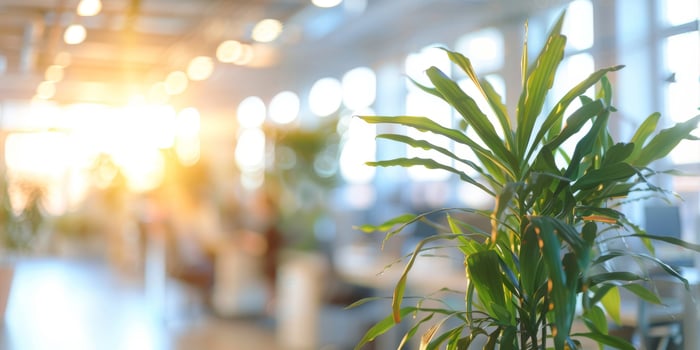 AI generated A photo of a green plant potted in a white container sitting on a desk in an office setting. The plant adds a touch of nature to the work environment
