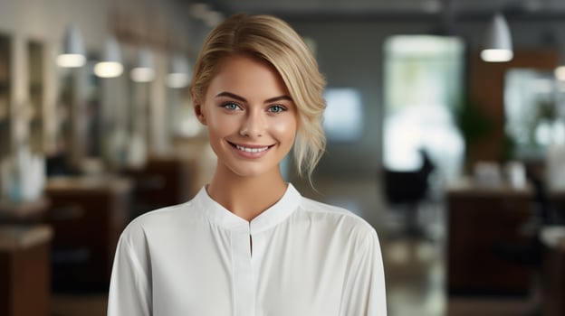 AI generated Portrait of a smiling pretty Caucasian blonde woman with a stylish hairstyle standing in a beauty salon or hairdresser photo