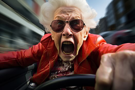 AI generated Funny screaming old woman driving a motorcycle, riding fast in the city, front view portrait photo