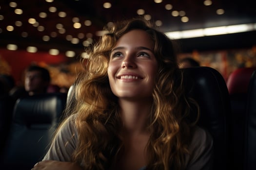 AI generated Happy young woman watching movie in cinema, entertainment photo