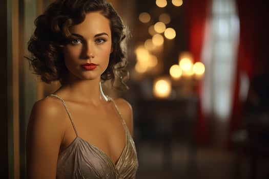 AI generated Portrait of an elegant Caucasian brunette lady in a sexy dress and jewelry in evening in a restaurant, copy space photo