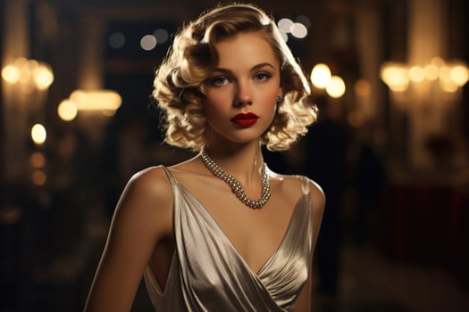 AI generated Vintage portrait of an elegant Caucasian blonde woman in an evening silver dress and jewelry in a restaurant photo