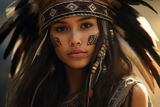 AI generated Pretty young Indian woman with feathers on her head looking at camera. Native female inhabitant of North America photo