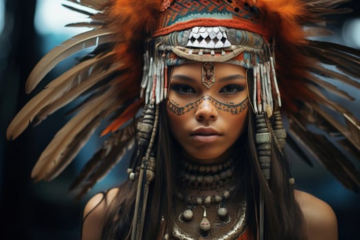 AI generated Portrait of a beautiful young American Indian indigenous woman with feathers on head and pattern on face outdoors photo