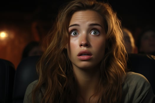 AI generated Shocked upset woman in public cinema watching movie, portrait of scared young woman viewer sitting with open mouth and big eyes photo
