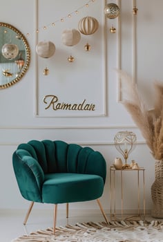 AI generated Ramadan themed decorations velvet chair next to the word Ramadan photo