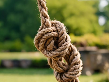 AI generated A rustic rope with a complex knot, tangle mess, garden background, picture for troubleshooting. photo