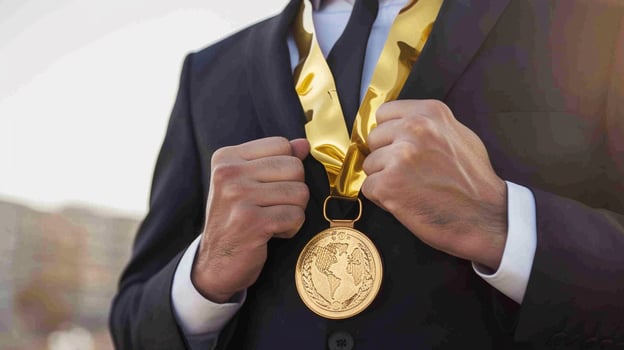 AI generated businessman holding a gold medal in black suit. photo