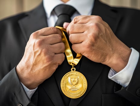 AI generated businessman holding a gold medal in black suit. photo