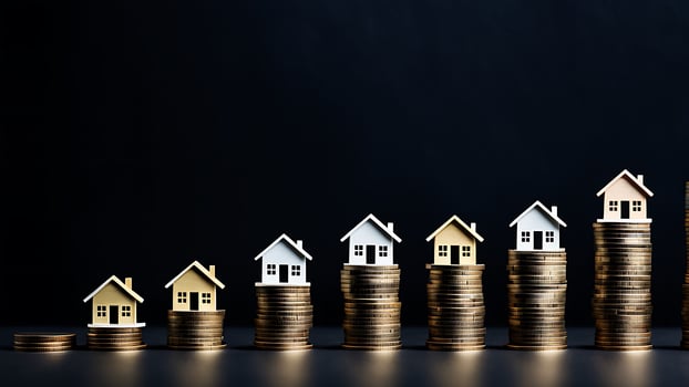 AI generated Miniature house model with coins stacks on dark background. Real estate concept. photo