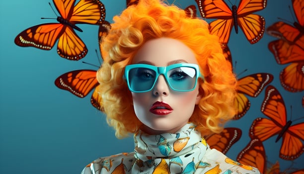 AI generated A young woman in sunglasses against a background of bright butterflies. Fashion concept. photo