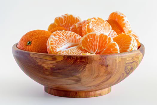 AI generated Peeled Mandarin Oranges in Wooden Bowl Isolated on White Background photo